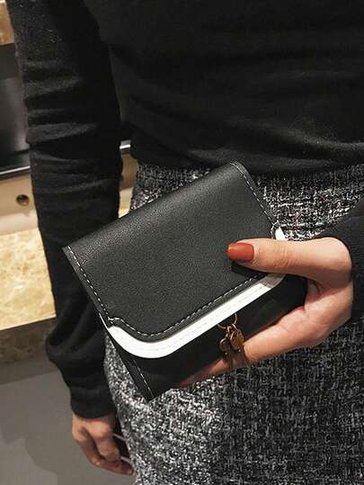 Women's Short Patchwork Trifold Small Wallet, Personalized Handheld Card Holder With Multiple Card Slots, Small Purse