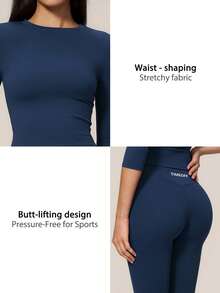 TimeOff Women's One Set Solid Color Round Neck Mid-Sleeve T-Shirt High Waist Mid-Length Pants Sports Set - Navy Blue - View 4