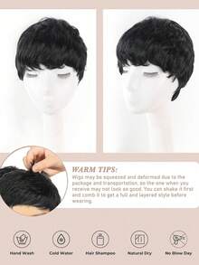 Wig Pendek Sintetis Hitam untuk Wanita, Potongan Pixie dengan Poni, Warna Hitam Alami, Lurus, Tebal, Buatan Mesin, Pendek Berlapis untuk Penggunaan Sehari-hari - MultiWarna - View 7