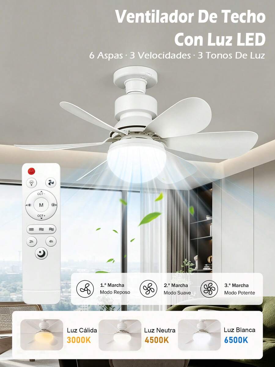 Ceiling Fan With Remote Control, 3-Color Lights, 3 Speeds, With Timer Function, Closed Ceiling For Kitchen/Bathroom/Bedroom
