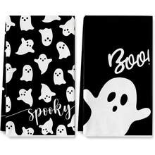 2 piezas de toallas de cocina decorativas de Halloween con estampado minimalista de fantasma sobre fondo negro, toallas de mano de microfibra superfina minimalista en blanco y negro, rectangulares con dobladillo, estampadas a una sola cara, para cocina, baño, mesa de comedor, casa de huéspedes, decoración suave de otoño y Halloween - Blanco y Negro - Ver 8