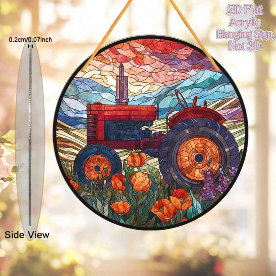 2D Flat Acrylic Round Window Hanging Sun Catcher - Farm Theme Tractor And Countryside Landscape Decor, Featuring Red Tractor, Blue Cab, Colorful Fields, Suitable For Country Style Or Farmhouse Decor - Multicolor - View 1