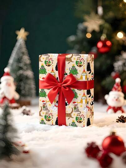 3/2/1 Roll Of Christmas Gift Wrapping Paper Featuring Various Christmas Cat Character Designs; Made Of Coated Paper; Dimensions: 43 Cm X 300 Cm; Suitable For Wrapping Christmas Gifts, Decorating For Christmas Parties, And Holiday Gift-Giving.