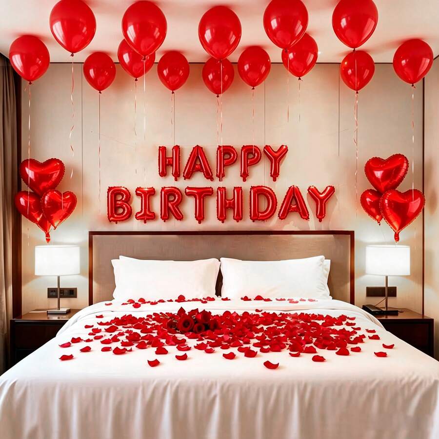 49 件红色生日快乐气球套装，16 英寸红色乳胶花瓣气球，18 英寸铝箔心形气球 + 配件，适用于婚礼、求婚、周年纪念、情人节、生日装饰