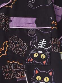 2pcs/Set Women's Comfortable Halloween Skeleton Cat Ghost Print Collared Short Sleeve Top And Bowknot Shorts Pajama Set - Black - View 5