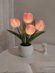 USB Operated Tulip Flower Potted Night Light, Cute Simulation Floral Desk Lamp, Warm White Ambient Lighting For Desktop Bedroom Decor Birthday Gift For Women Girls - Warm White - View 12