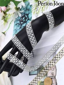 2 Yards White Pearl Rhinestone Hot Fix Tape Ribbon Glass Crystal Rhinestone Decoration Iron On Shoes Clothing Accessories - P 2 Yards/72 Inches - View 3