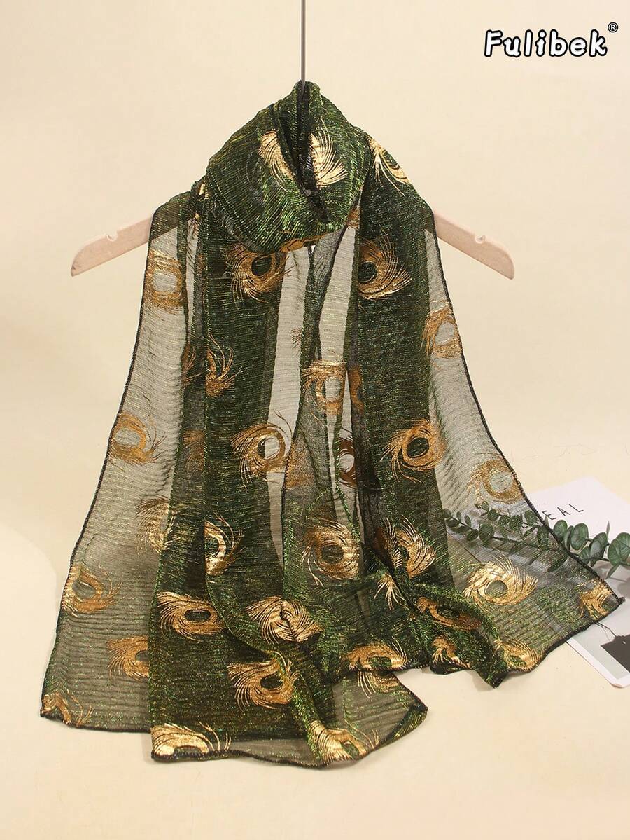 1件新款四季通用女款金箔亮面絲綢圍巾披肩頭巾 防曬沙灘巾 Abaya,適合海邊度假與日常生活,為您的穿搭增添亮點 - 墨綠色 - 查看 1