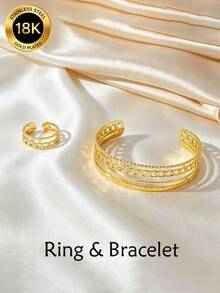 MONALLY 18K Gold Plated Minimalist Premium Hammered Hollow Chain Stainless Steel Open Adjustable Bracelet & Ring Jewelry Set For Women, Commute, Gift, Versatile Accessory - Jewelry Set - View 1