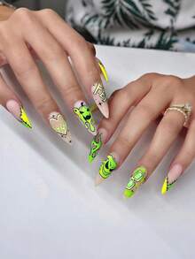 10pcs Y2K-Style Acrylic Press-On Nails Featuring Green Graffiti, Stitched Details, And Devil-Heart Motifs; Long Almond-Shaped Tips Suitable For Halloween Parties And Music Festival Performances. - Multicolor - View 4