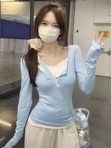 Atasan Kaos Wanita Kasual Model Korea Gaya Slim Fit dengan Patchwork Renda dan Lapisan Dalam 2 in 1 - Biru - View 2