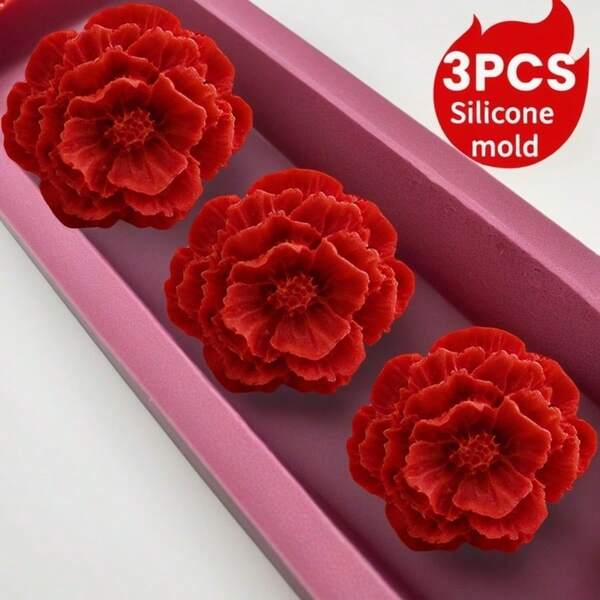3pcs Floral Peony Shaped Silicone Molds, Suitable For Birthday Valentine's Day Mother's Day Gift Decoration Lights Clay Resin Candle Plaster Silicone Molds
