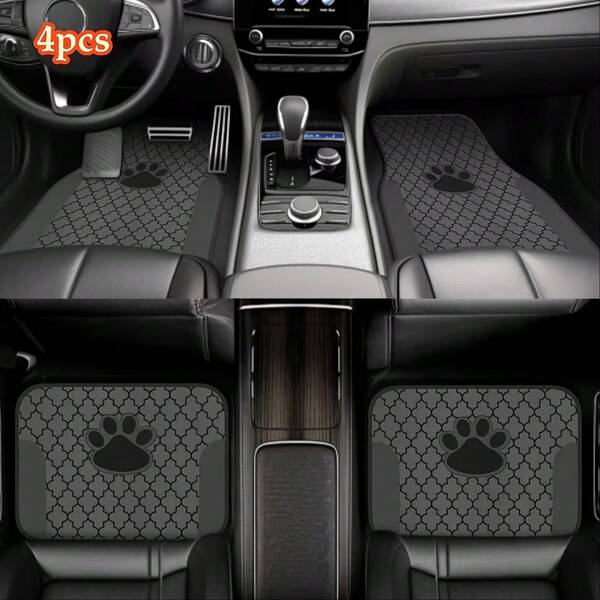 4pcs Luxury Black & Gray Paw Print Pattern Car Floor Mats Set, Absorbent & Non-Slip, Washable, Fashionable Car Interior Protection, Suitable For Minivan, SUV, All-Season Use, Neutral Gift