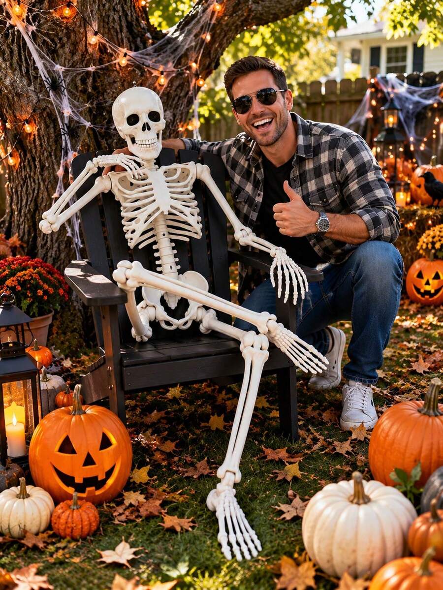 Multi-Size Foldable Hanging Skeleton Halloween Decor, Movable Joint Plastic Skeleton Prop, Suitable For Haunted House Party, Porch, Door, Wall, Yard, Window, Photo Booth And Seasonal Home Decoration - Skull Series - View 1