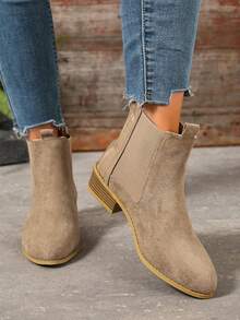 1 Pair Women's Patchwork Crocodile Embossed Chelsea Ankle Boots, Autumn/Winter New Low Heel Soft Leather Slip-On Boots, Versatile Commuter Ankle Boots - Khaki - View 5
