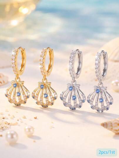 1 Pair/Beach Vacation Style Gold-Plated Full-Set White & Blue Hollow Shell Ear Cuffs, Delicate Versatile Earrings For Women's Summer Beach Travel