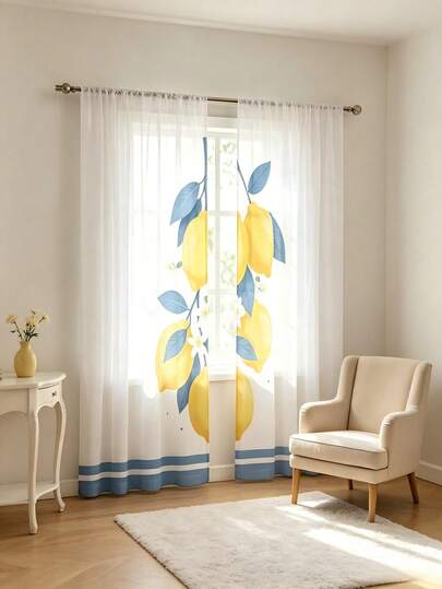 2pcs Blue Leaf & Yellow Lemon Print Sheer Curtains, Blue Striped Pattern, Fresh Summer Fruit Style Home Decor, 2D Flat Print Translucent Sheer Curtains, 100% Polyester Fabric, Rod Pocket Style, No Lining, Suitable For Kitchen, Dining Room, Living Room, Only Sheer Curtains, No Accessories Included