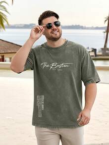 Plus Size Tall Men's Multi-Text Print Stone Washed Casual Crew Neck T-Shirt - Green - View 3