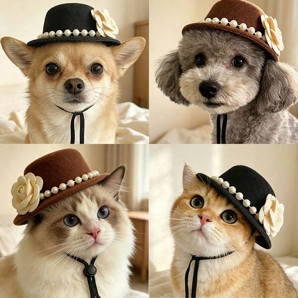 1pc/Pet Vintage High Top Hat, Decorated With Pearls And Camellia, Elegant Dog And Cat Party Photo Prop