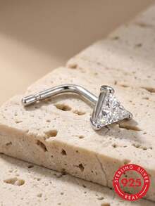 lunastudio 1pc Elegant 925 Sterling Silver L-Shaped Pyramid Nose Stud Suitable For Women's Daily Wear - Silver - View 2