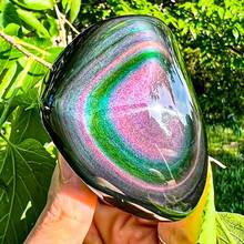 1pc Natural Rainbow Obsidian Crystal Palm Stone, Irregular Shape, Shimmering With Rainbow Hues. Home, Office, Or Aquarium Deco, Crystal Gift. - Colorful Gemstone Palm Stone - View 2