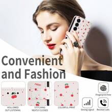 1pc Cherry Pattern Flip Phone Case Wallet Card Slot Protective Cover, Faux Leather, Compatible With Apple, Painted Phone Protective Shell (Global Version Models, Not Local Models) - Red - View 4