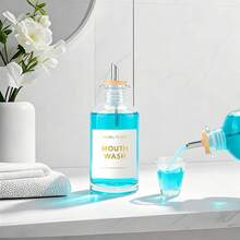 Glass Mouthwash Dispenser For Bathroom 118OZ, Clear Refillable Mouthwash Container With Glass Mouthwash Cup, Bamboo Tray And Golden Sticker - White - View 2