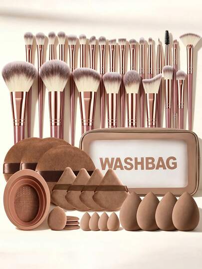 1/46pcs All-In-1 Makeup Tool Set - Rose Gold Ferrule, Soft Gradient Synthetic Brushes, Face Fan, Eyelash Brush, Brown Beauty Sponges, Triangle Finger Powder Puffs, Silicone Cleaning Bowl, Wash Bag - Complete Kit For Daily Use & Travel