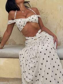 DOUCIU 2pcs Polka Dot Halter Drape Top + Asymmetric Skirt Set, Casual Street Style - White - View 5