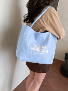 Women 2 Sides Reversible Shopping Tote Bag Big Capacity Letter Graphic Wave Polka Dot Print Portable Daily Shoulder Bag - Baby Blue - View 4