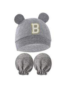 Baby A-Z Letter Newborn Hospital Cap&Anti-Scratch Mittens Gift Set Cartoon Bear Ear Newborn Baby Hat Soft Boy Girl Hats Beanie Cap Bonnet 0-3M - Grey - View 4