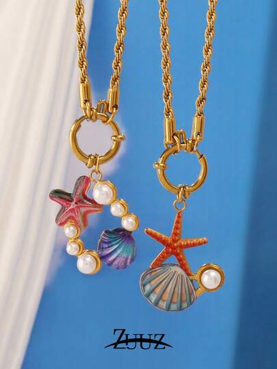 1pc Stainless Steel Ocean Style Pendant Necklace, Women's Fashion Colorful Starfish Pearl Shell Pendant Necklace, Women's Jewelry