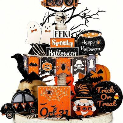 14-Piece Halloween Rustic Wooden Tiered Tray Decor Set – Featuring Pumpkin, Truck, Gnome, And Ghost Shapes; Suitable For Tiered Trays, Tabletops, Halloween Displays, And Themed Parties.