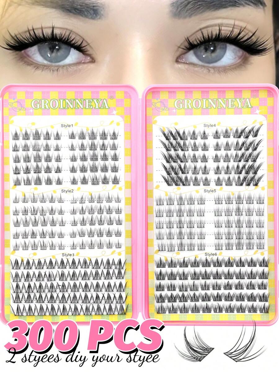GROINNEYA 300pcs Large Capacity Eyelash Book Natural Look Single Cluster False Eyelashes Cartoon Style Pointed Single Cluster Eyelashes 6 Styles Cat Eye Cluster Eyelashes DIY Eyelash Extensions Random Style Suitable For Daily Wear Dating Travel Essential Eyelash Technician Supplies - C - View 1