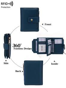 Hot-Selling New RFID Women's Wallet, Lychee Grain Soft Leather Zipper Snap Closure, Multi-Card Slot Fashion Short Wallet - Navy Blue - View 9