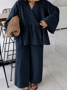 女款休閒寬鬆兩件套 V領長袖上衣與寬腿長褲時尚套裝 春夏節慶服飾 秋季 - 寶藍色 - 查看 7