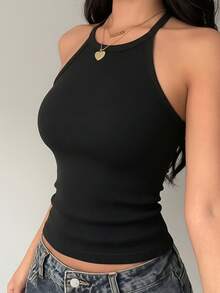 1pc Women's Ribbed Knit Spaghetti Strap Tank Top, Slim Fit Solid Color Basic Sleeveless Camisole - Black - View 3