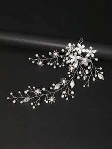 1件女款韓式新娘婚禮頭飾 壓克力水晶花手工珍珠髮箍髮飾 - 銀色 - 查看 7