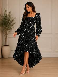 Boho Chic Women's Long Sleeve Midi Mullet Dress With Ruffles Tailored Square Neckline Spring Summer Christian Modest Fashion Polka Dot REF: Angela - 黑色波點 - 查看 1