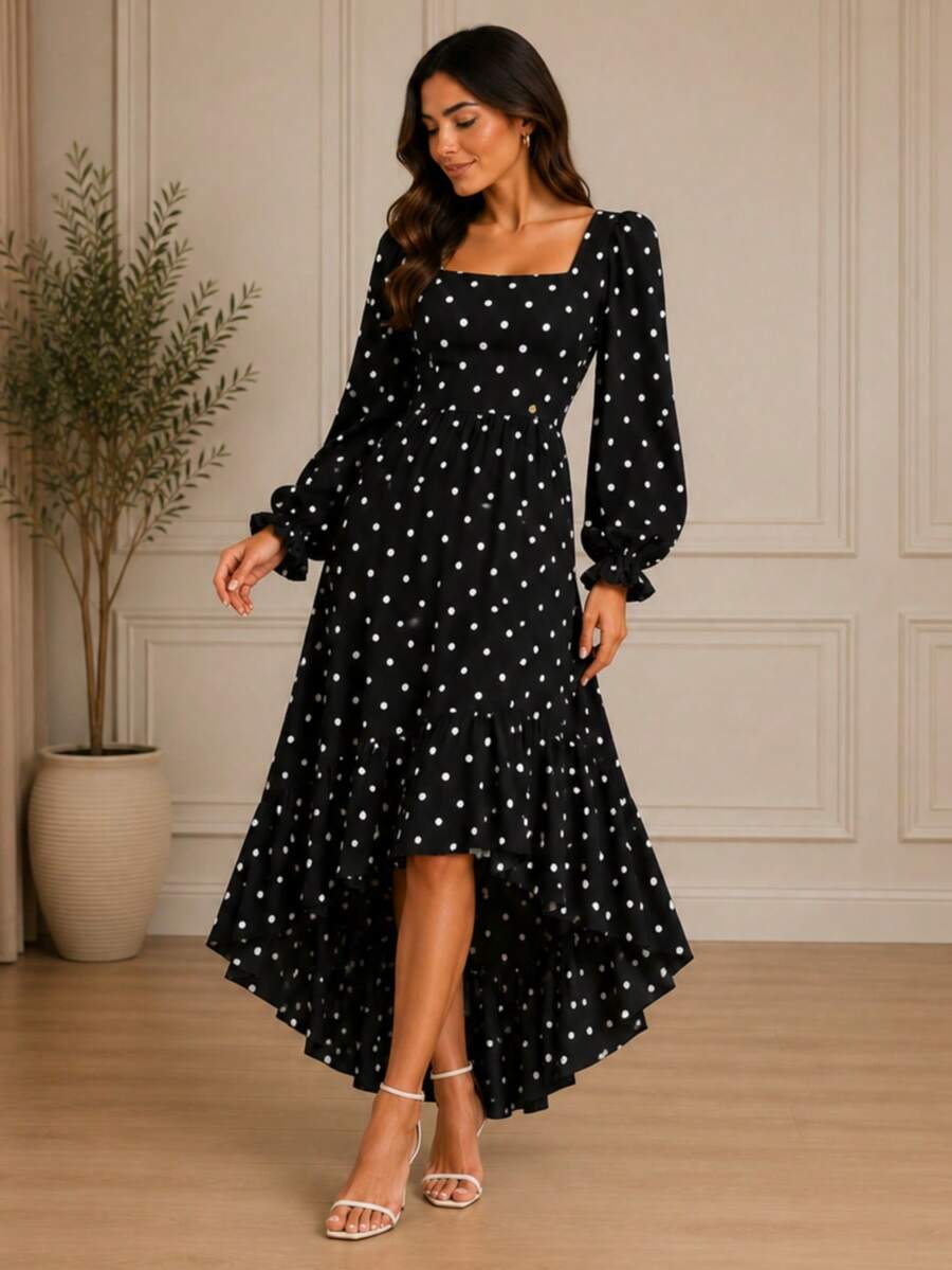 Boho Chic Women's Long Sleeve Midi Mullet Dress With Ruffles Tailored Square Neckline Spring Summer Christian Modest Fashion Polka Dot REF: Angela - 黑色波點 - 查看 1