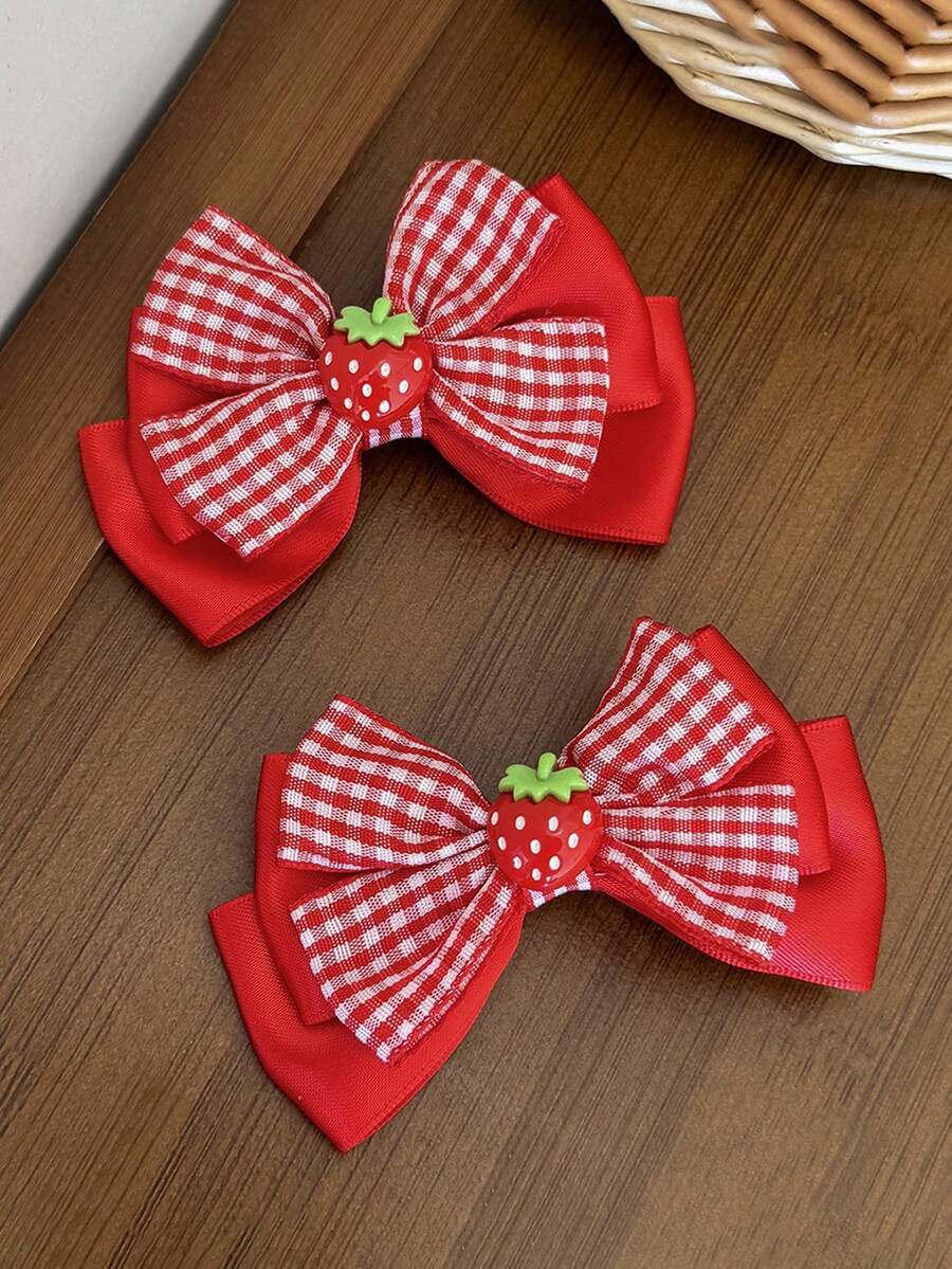 2Pcs Strawberry Hair Bows For Girls Red Gingham Plaid Ribbon Bow Hair Clips Cute Fruit Alligator Clips Hair Accessories - Red - View 1