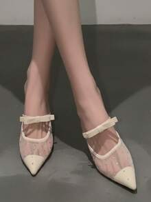 2026 Nuevos Zapatos de Tacón Alto de Talla Grande Color Blanco Crema con Malla de Strass, Lazo, Tirante Único, Punta Afilada, Tacón de Aguja, Espalda Descubierta y Medio Sling - Blanco - Ver 3