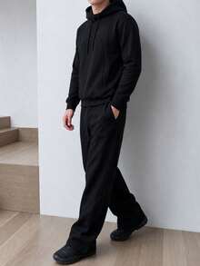 HEYKESON Men's Casual 2 Pieces Set, Curved Contrast Stitch Hooded Sweatshirt With Drawstring Hood And Wide Leg Elastic Waist Sweatpants, Daily Streetwear Outfit - Black - View 4