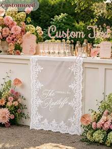 Customizable Table Runner, White Floral Lace Edge Sheer Fabric, Burgundy Red Ink Print, Autumn Wedding Bar Decor, Outdoor/Indoor Wedding Reception Backdrop Prop - Multicolor - View 2
