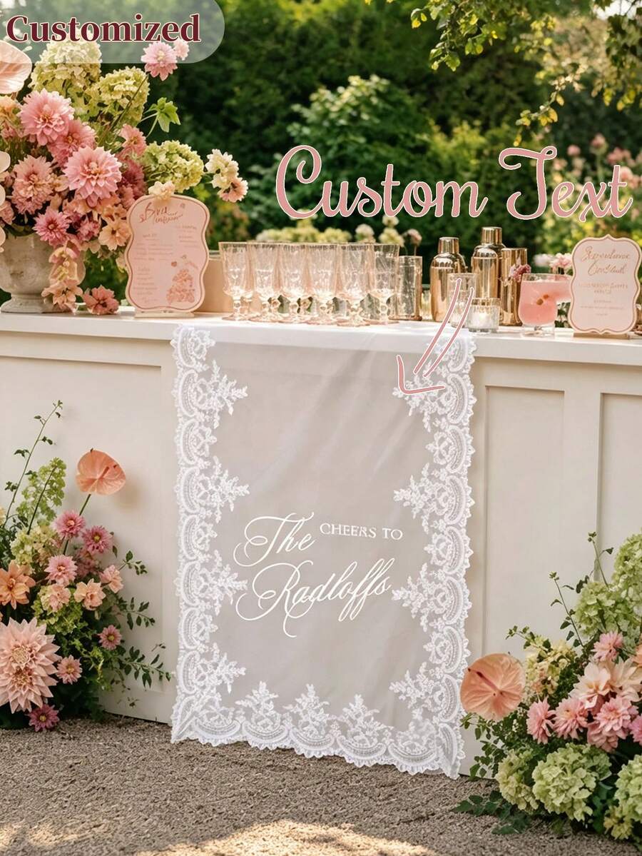 Customizable Table Runner, White Floral Lace Edge Sheer Fabric, Burgundy Red Ink Print, Autumn Wedding Bar Decor, Outdoor/Indoor Wedding Reception Backdrop Prop - Multicolor - View 1