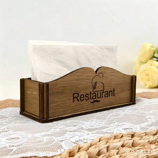 Vintage Wooden Restaurant Napkin Holder With Chef Hat Engraving, Rectangular Tabletop Paper Tissue Dispenser Caddy For Cafe Bistro Diner Table Decor