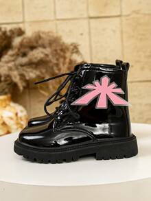 Botas de Trabalho Minimalistas Brilhantes para Meninas Outono/Inverno com Patch de Estrela, Sola Grossa Durável, Botas Curtas Casuais de Tornozelo para Escola - Rosa chiclete - Visão 2