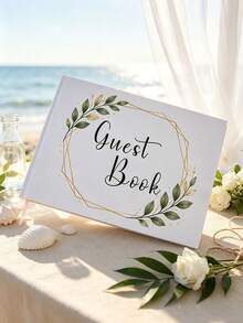 1pc Mori Style Gold Frame Green Leaf Wedding Guest Book, White Hardcover Foil Stamped Botanical Wreath Guest Message Memorial Album, With Pink Ribbon Bookmark, Minimalist Fresh Ins Style Wedding Decor, Suitable For Western Wedding, Engagement Party, Anniversary Party, Outdoor Lawn Wedding Guest Signature Keepsake, Watercolor Branch Leaf Geometric Gold Edge Design Cover, Elegant And Sophisticated - A - View 8