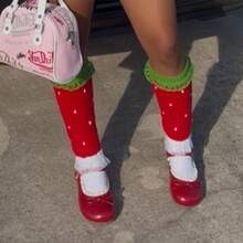Women's Y2K Knitted Leggings With Strawberry Print Knee Socks, Lolita Thigh-Length Design, Kawaii Vintage Style - 紅色 - 查看 4