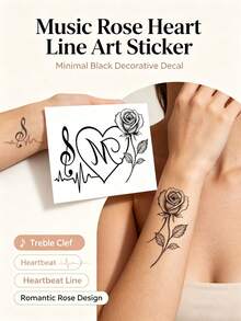 1pc INS Black Line Musical Note Rose Tattoo Sticker, Heartbeat & Staff Design, Gentle Vibe Body Decoration For Forearm And Collarbone - Multicolor - View 2